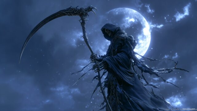 Grim Reaper Wallpaper High Definition, A Towering Grim Reaper With Intricate Details, Holding A Scythe Under A Moonlit Sky, Symbolizing The Passage Of Time