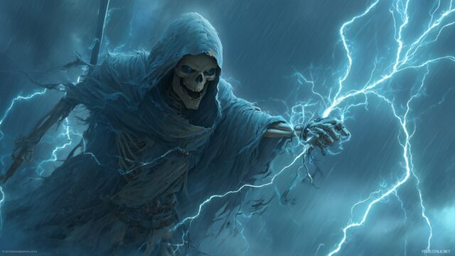 Grim Reaper Best Quality Desktop Wallpaper, A Fearsome Grim Reaper Amidst A Raging Storm, With Lightning Illuminating His Skeletal Form And A Fierce Expression