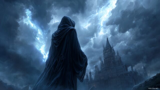 Grim Reaper High Definition Wallpaper, An Intricate Grim Reaper With A Mystical Aura, Standing In Front Of An Ancient Castle Under A Stormy Sky