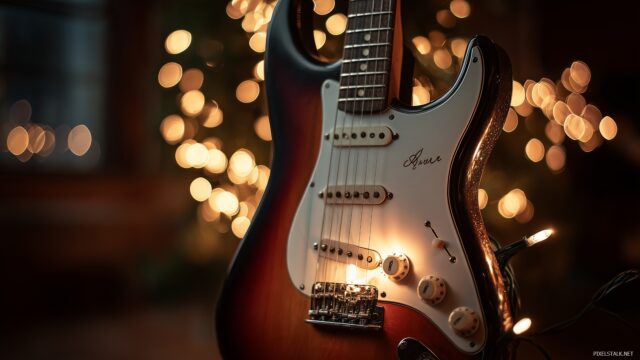 Guitar wallpaper HD 4K, a vintage guitar illuminated by soft, warm light with stylish bokeh effects in the background.
