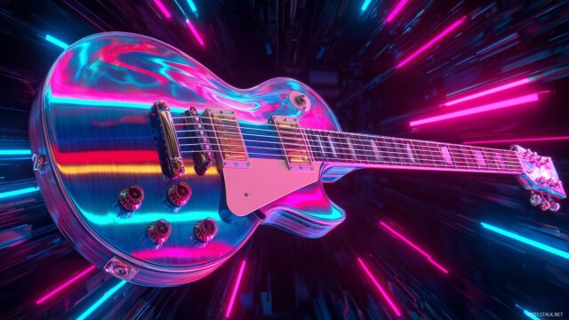 Guitar wallpaper HD 4K, an electrifying scene featuring an electric guitar with colorful neon lights and dynamic patterns.