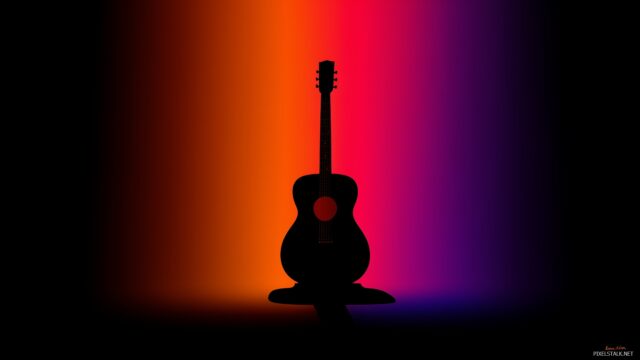 Guitar wallpaper HD, an artistic silhouette of a guitar against a colorful gradient.