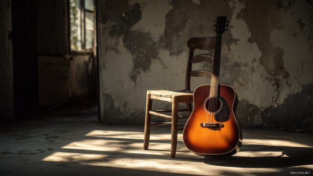 Guitar wallpaper HD for desktop, a nostalgic scene showing a guitar resting on an old wooden chair in a sunlit room.
