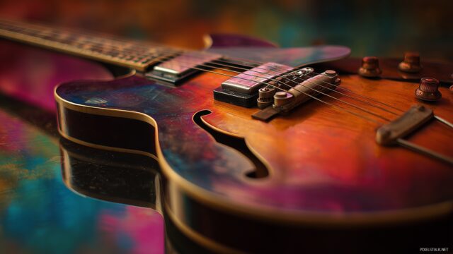 Guitar wallpaper HD for desktop, a stunning close up of a vintage guitar resting against a vibrant, abstract background.