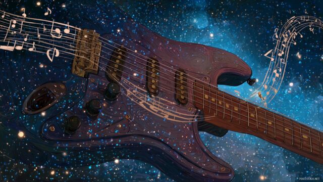 Guitar wallpaper HD for desktop, an artistic representation of a guitar intertwined with musical notes in a starry night background.