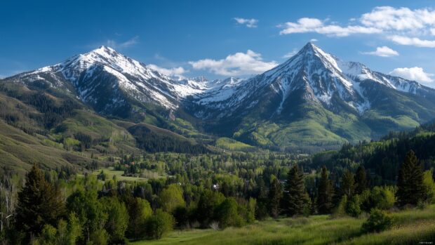 HD Desktop Backgrounds, a serene mountain landscape under a clear blue sky with snow capped peaks and lush greenery.