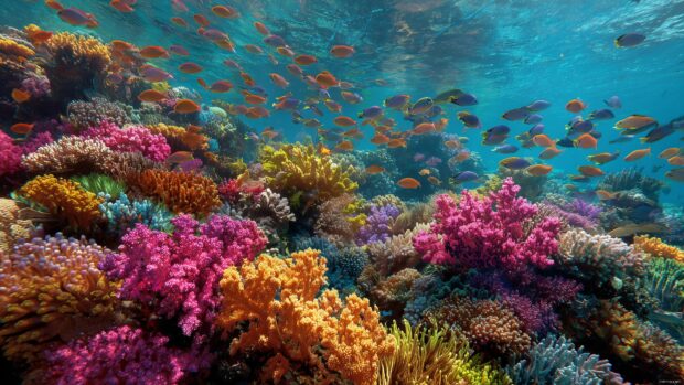 HD Desktop Backgrounds, an underwater scene filled with colorful coral reefs and diverse marine life.