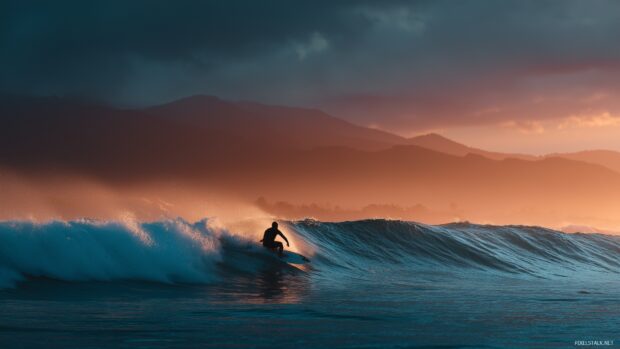 HD Surfing Images for Backgrounds, a tranquil scene of a lone surfer riding a mellow wave at dawn.