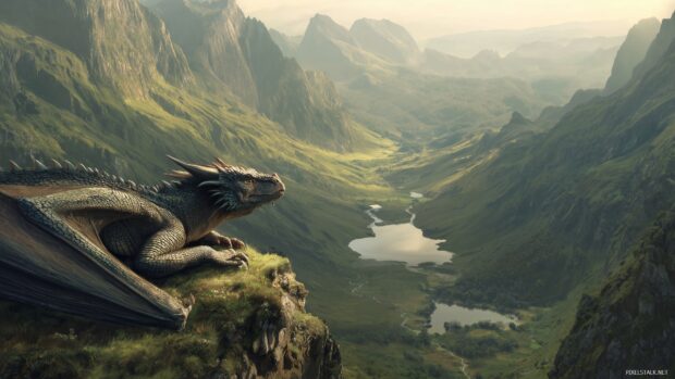 HD dragon screensavers, a serene scene of a dragon resting on a cliff overlooking a tranquil valley with a river flowing below.
