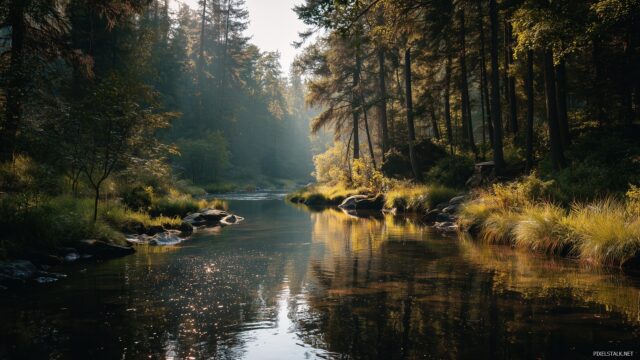 HD peaceful wallpaper for desktop, a calm river winding through a dense forest with sunlight glistening on the water surface.