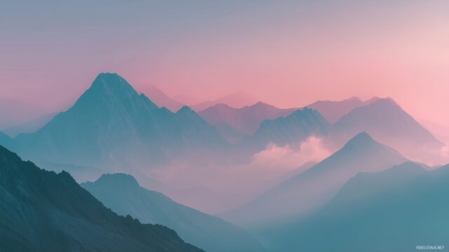 HD peaceful wallpaper for desktop, a serene mountain landscape at dawn with soft pastel colors and mist hovering over the peaks.