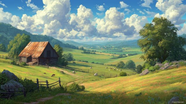 HD peaceful wallpaper for desktop, an idyllic countryside scene with a rustic barn and grazing animals in the fields.