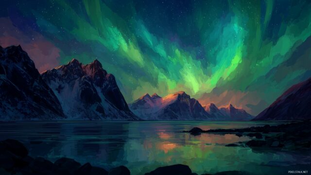 HD peaceful wallpaper landscapes, a breathtaking view of the northern lights dancing over a mountain range.