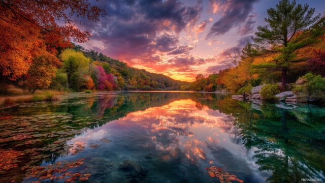 HD peaceful wallpaper landscapes, a serene lake reflecting the autumn foliage and a colorful sunset.