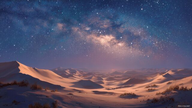 HD peaceful wallpaper landscapes, a vast desert with undulating sand dunes under a starry night sky.