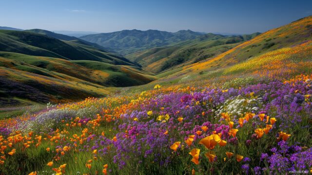 HD peaceful wallpaper landscapes, rolling hills covered in vibrant wildflowers under a clear blue sky.