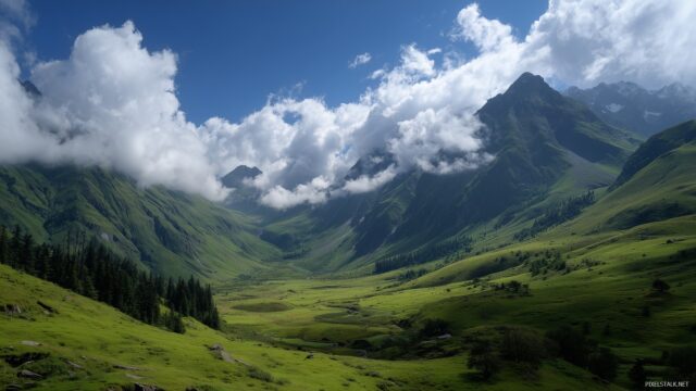 HD peaceful wallpaper nature, a lush green valley surrounded by majestic mountains, with a clear sky and fluffy clouds.