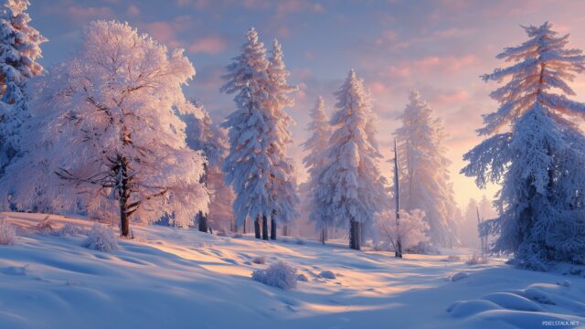HD peaceful wallpaper nature, a serene winter landscape with snow covered trees and a soft glow from the sunrise.
