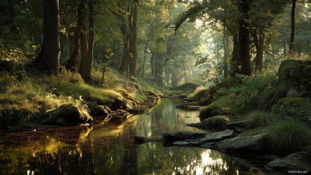 HD peaceful wallpaper nature, a tranquil forest scene with sunlight filtering through the trees and a gentle stream flowing.