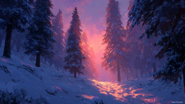HD snow background, a dramatic winter sunset illuminating a snowy forest with silhouettes of towering pines.