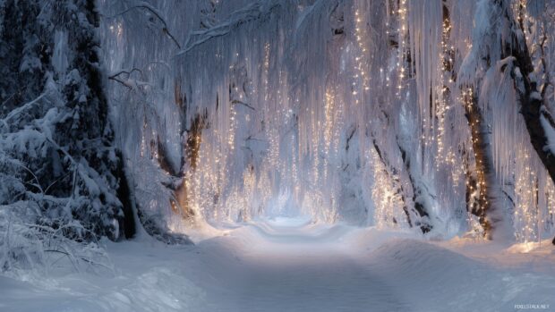 HD snow background , an enchanting forest path blanketed in fresh snow, with twinkling icicles hanging from the branches.