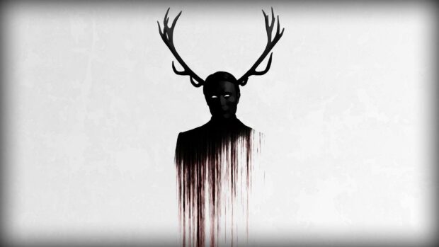 A dark figure with antlers and glowing eyes symbolizes Hannibal Mads Mikkelsen Wallpapers in an abstract style, HD Desktop Wallpaper