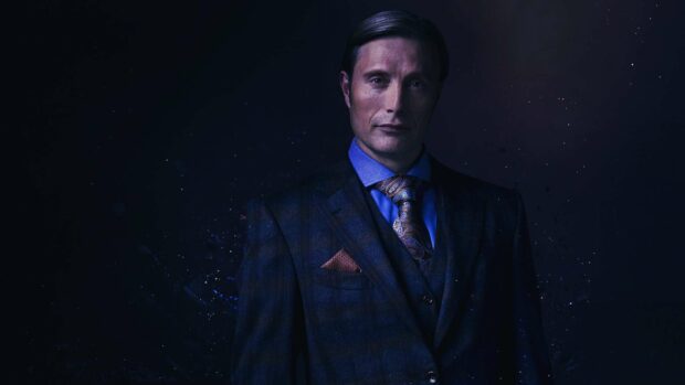 Hannibal Mads Mikkelsen is wearing a dark plaid suit with a patterned tie and pocket square, HD Desktop Wallpaper