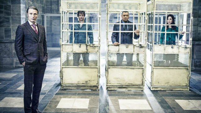 Hannibal TV Series Characters in Cage Cell Prison Scene Wallpaper
