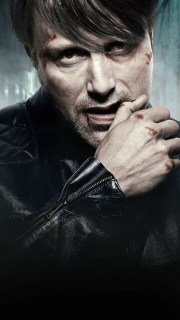 Hannibal TV Series Wallpaper Close Up of Intense Character with Bloodied Face and Leather Jacket