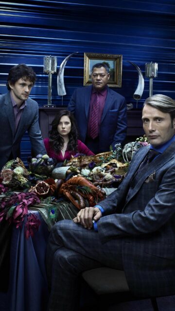 Hannibal TV Series Wallpaper featuring Main Characters in Dark Elegant Setting with Intricate Table Display