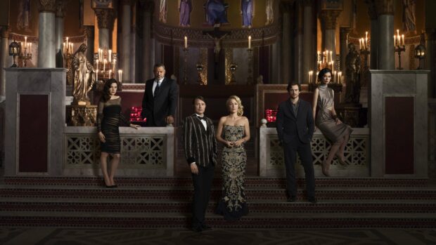 The Hannibal Mads Mikkelsen wallpapers cast poses in a grand church with candles lit around them, 4K Desktop Wallpaper