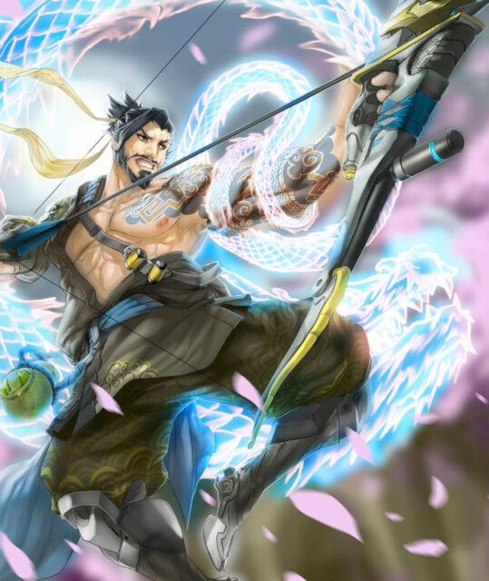 Hanzo Archery Pose with Dragon Spirit Energy Overwatch Hanzo Wallpapers