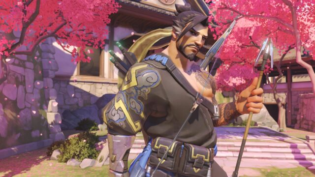 Hanzo Overwatch character in traditional armor with cherry blossom background Hanzo wallpapers