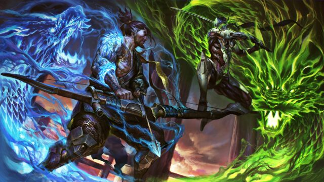 Hanzo Wallpapers Epic Battle Between Blue and Green Spirit Dragons in Fantasy Art