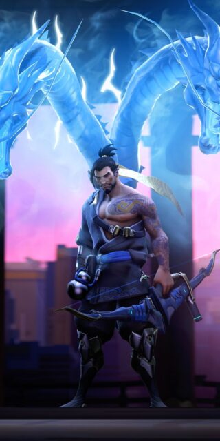 Hanzo Wallpapers Featuring Warrior with Dual Blue Dragons and Bow in Epic Pose