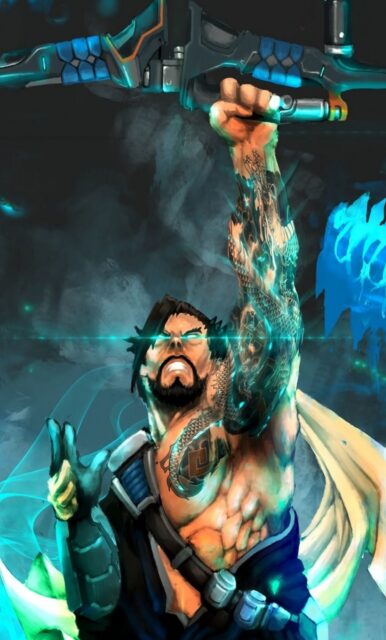 Hanzo Wallpapers Powerful Archer with Dragon Tattoo and Glowing Blue Energy