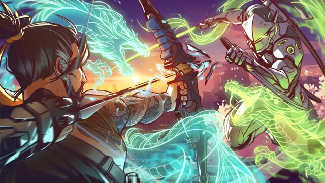 Hanzo Wallpapers dynamic battle scene with glowing dragons and futuristic warrior