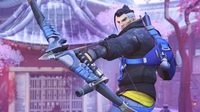 Hanzo aiming bow in Overwatch with cherry blossom background Hanzo wallpapers