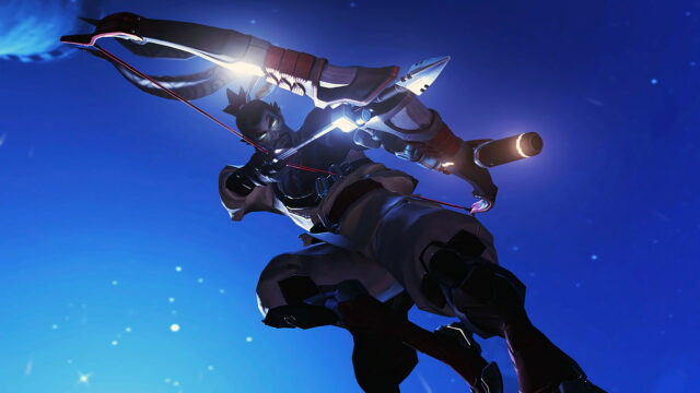Hanzo aiming his bow in dynamic action pose Hanzo wallpapers background