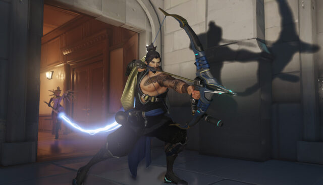 Hanzo aiming with bow ready to shoot in Overwatch Hanzo wallpapers