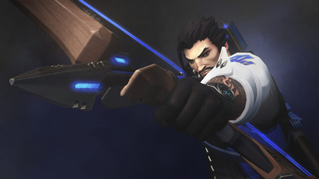 Hanzo aiming with futuristic bow in intense Overwatch gameplay Hanzo Wallpapers