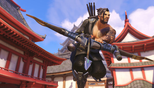 Hanzo heroic pose with bow in traditional Japanese setting Hanzo wallpapers