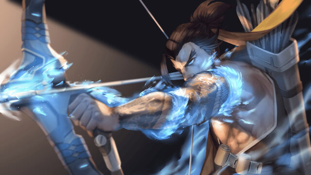 Hanzo intense archery action with glowing blue energy tattoo digital art Hanzo wallpapers