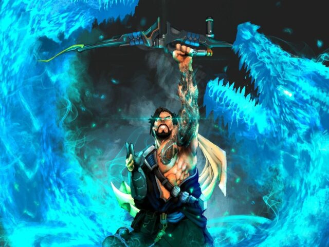 Hanzo powerful archer summoning blue dragon spirit in dynamic fantasy wallpaper