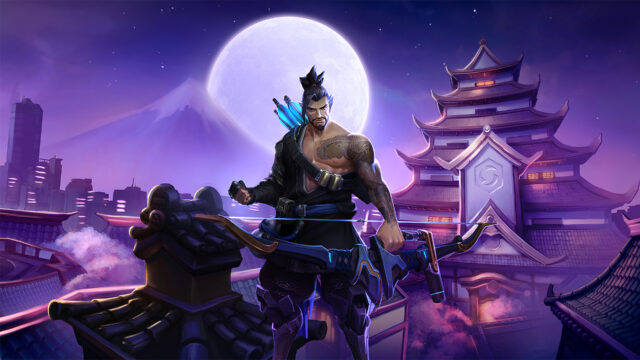 Hanzo standing with bow under full moon traditional Japanese castle background Hanzo wallpapers