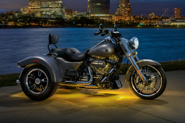 Harley Davidson Freewheeler By The Waterfront At Night