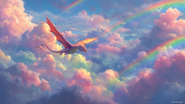 Hd dragon screensavers, a whimsical dragon playing with clouds in a vibrant rainbow filled sky, exuding joy and fantasy.