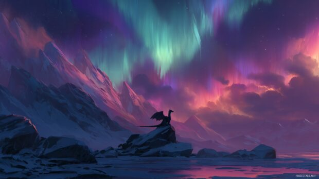 Hd dragon wallpaper, a stunning landscape showcasing a dragon perched atop a crystal mountain under the northern lights.