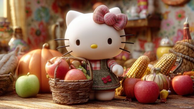 Hello Kitty Thanksgiving Desktop Wallpaper Full HD, A Charming Hello Kitty With A Basket Of Apples And Thanksgiving Goodies