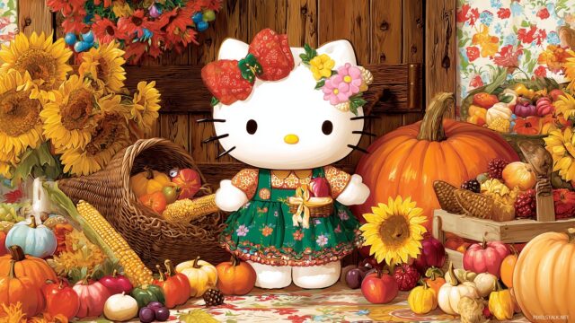 Hello Kitty Thanksgiving Desktop Wallpaper Free Download, Hello Kitty Dressed In Fall Colored Outfits, Embracing The Thanksgiving Spirit